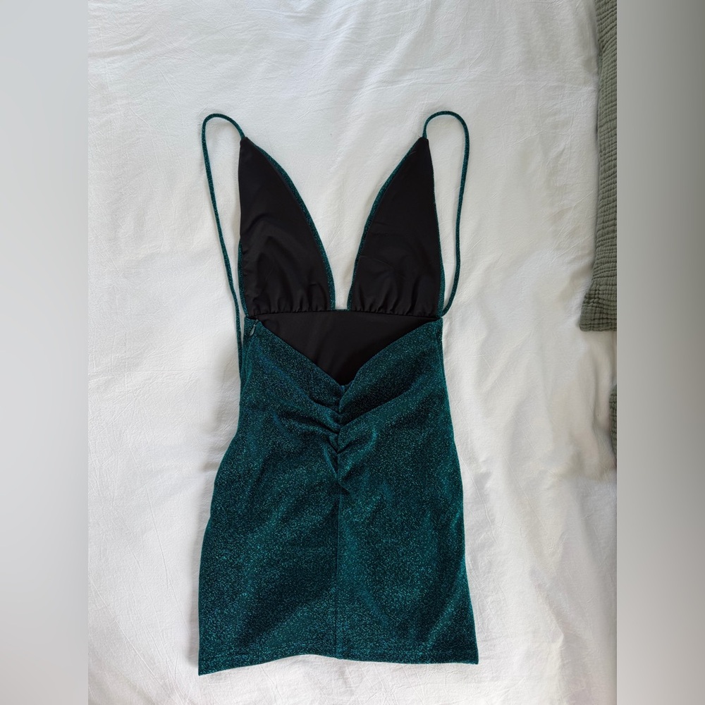 Babyboo Fashion Deep Teal Sparkle Plunge Mini Dress - Small - Picture 6 of 7